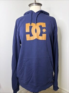Y2K DC Shoes Navy Pullover Skater Hoodie with Gold Logo XL